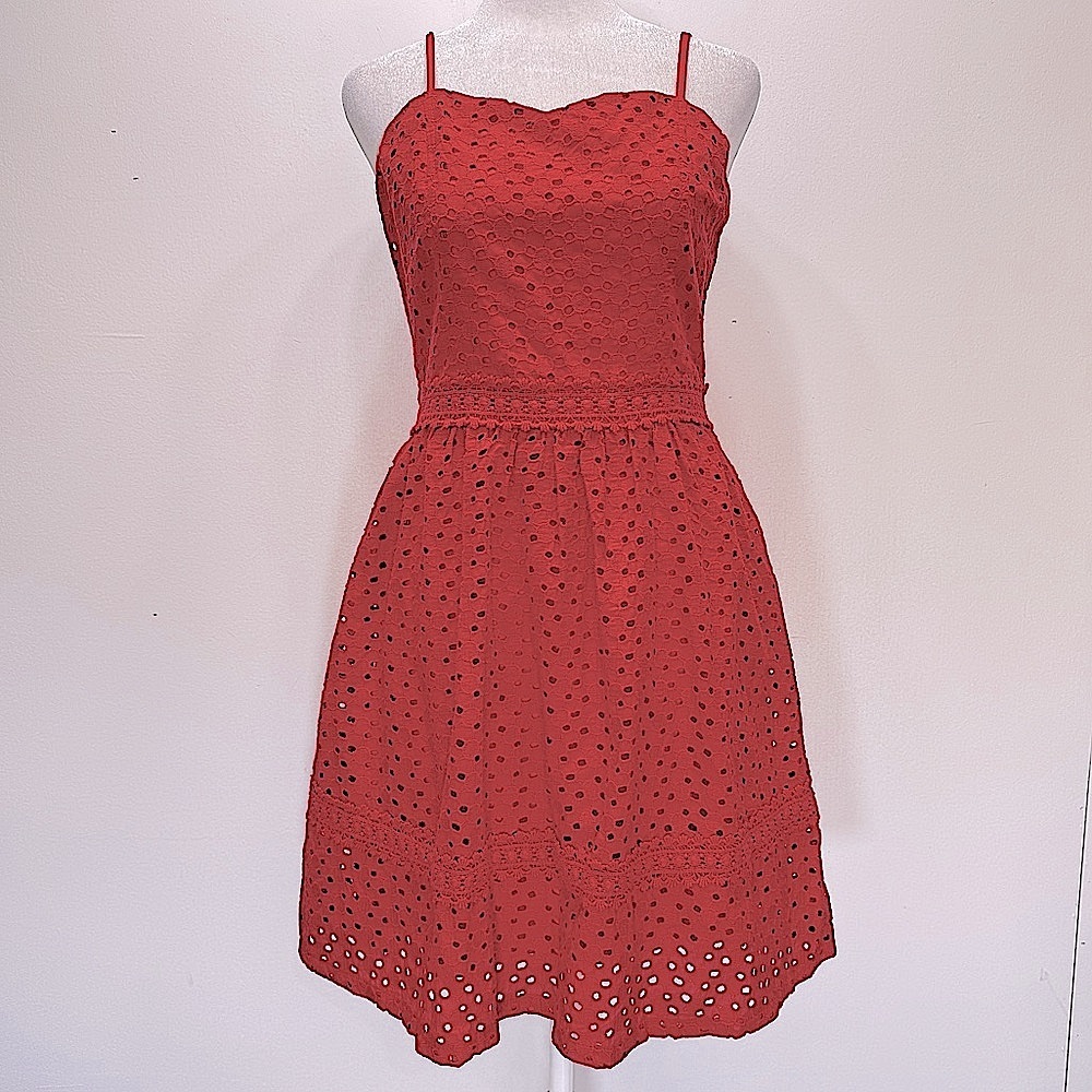 Soieblu Coral Red Eyelet Mini Sundress Crochet Lace Sweetheart Neckline Cotton
